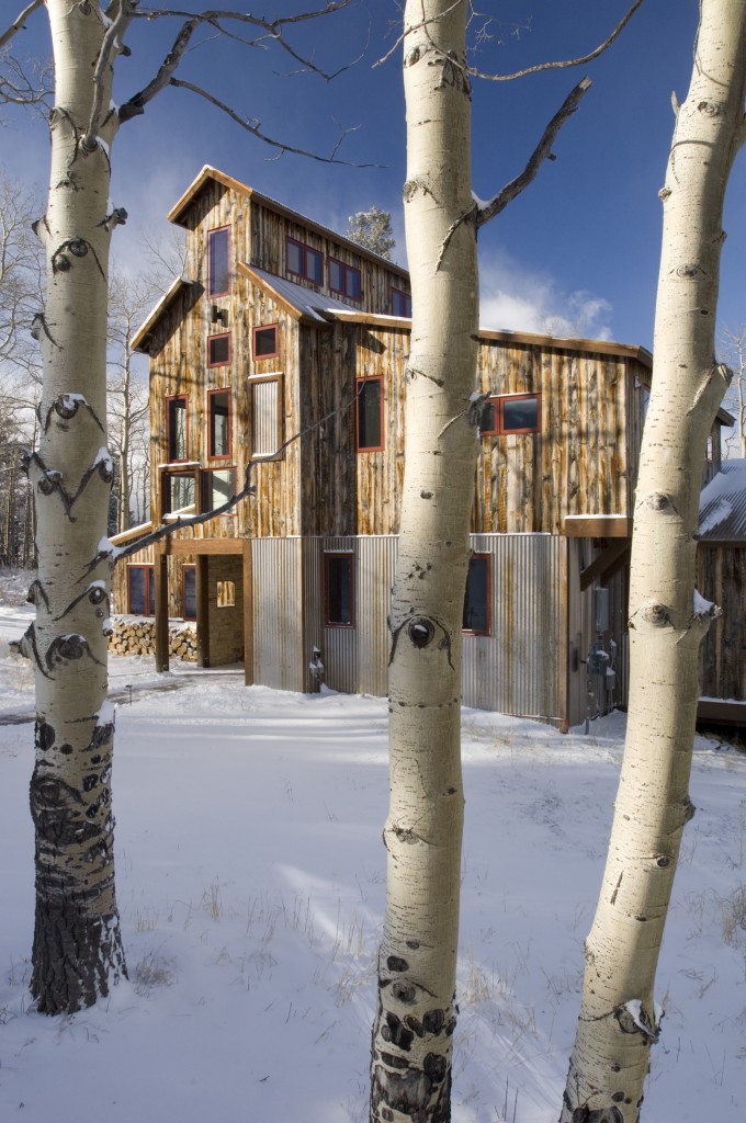 Mining House Exterior with Aspens and Snow